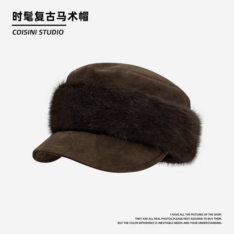 复古辣妹风麂皮毛绒边马术平顶帽女加厚保暖大头围骑士帽子美拉德