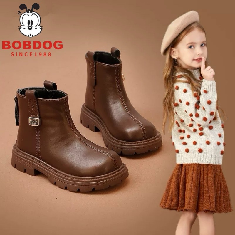 巴布豆女童鞋儿童公主马丁靴2025新款秋冬宝宝加绒皮靴二棉鞋短靴
