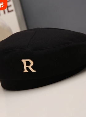 黑色新款贝雷帽女春秋款2023显脸小八角蓓蕾帽子春天平顶手工帽檐