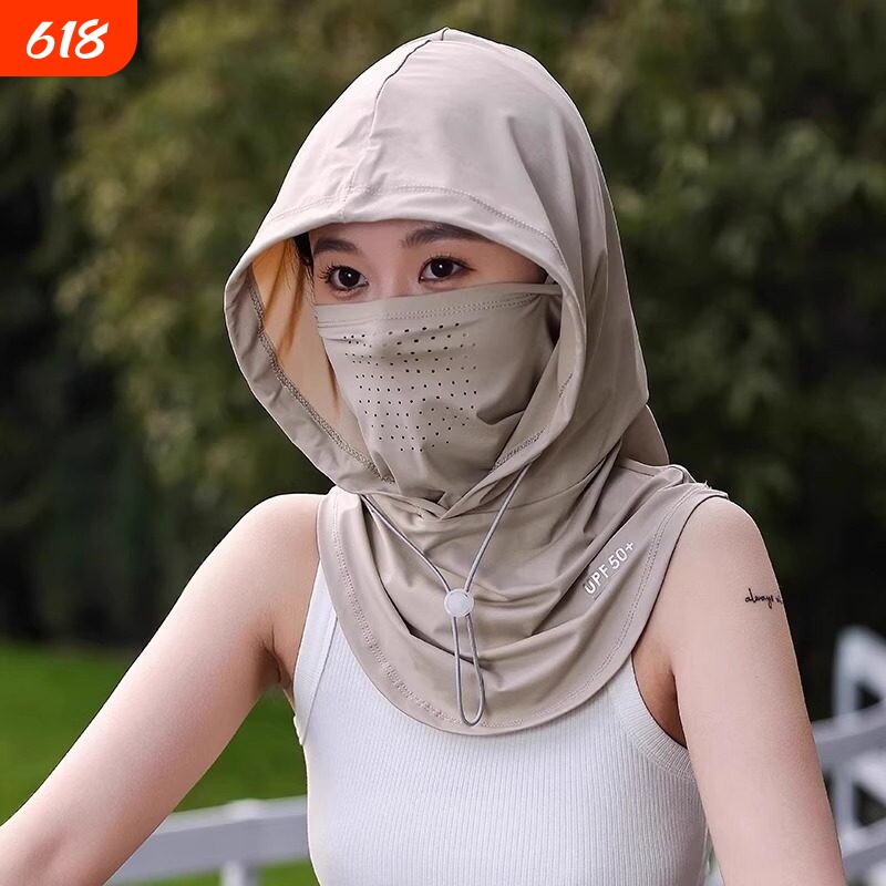 骑行吹不翻帽子女款2026新款夏季冰丝防晒面罩口罩一体护颈头套