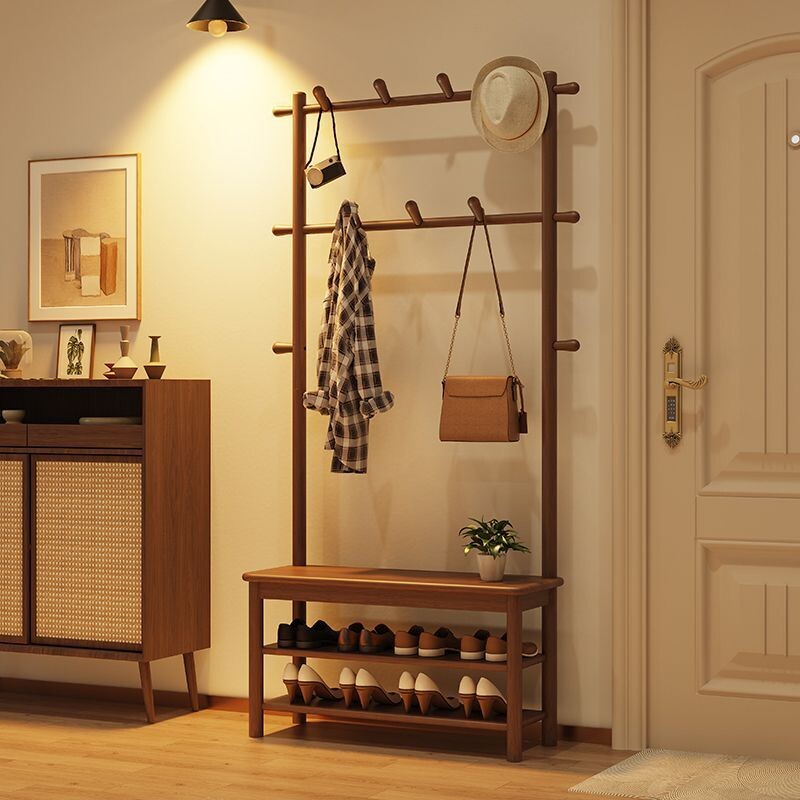 a实木换鞋凳鞋柜带挂衣架一体衣架落地卧室家用入户门口玄关衣帽