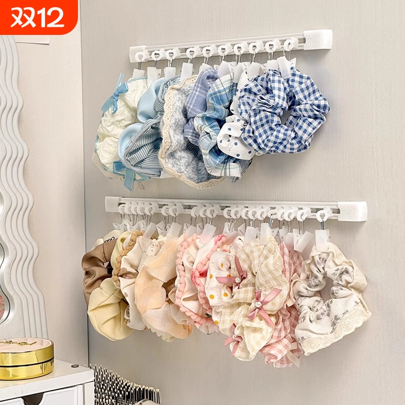 大肠发圈收纳神器发饰收纳杆免打孔壁挂上墙夹方巾头花发绳展示架