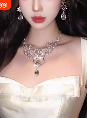 轻奢重工银色花朵项链耳环套装2025新款女新娘礼服配饰夸张锁骨链