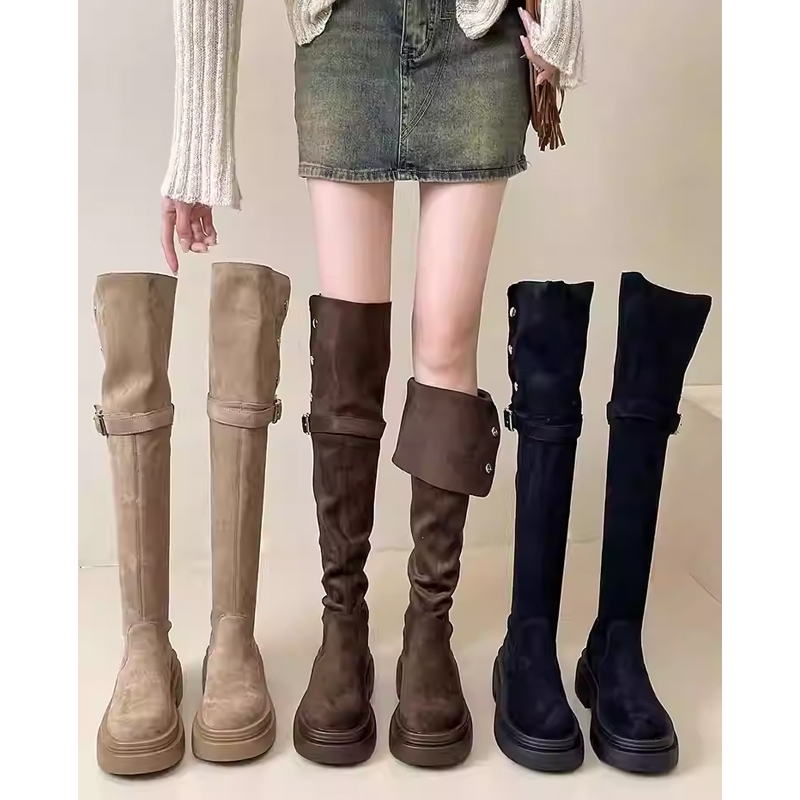 时尚部落两穿翻折厚底长筒靴子女2025年秋冬季新款粗跟过膝骑士靴
