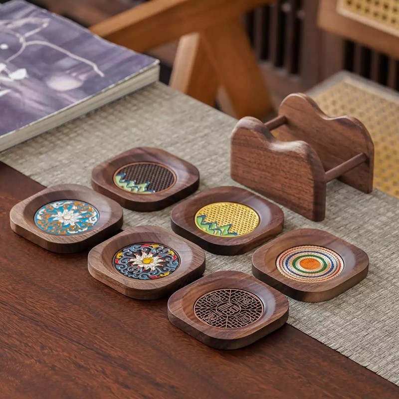 中式高档胡桃木茶杯垫珐琅彩实木隔热杯托防烫功夫茶具零配件带框