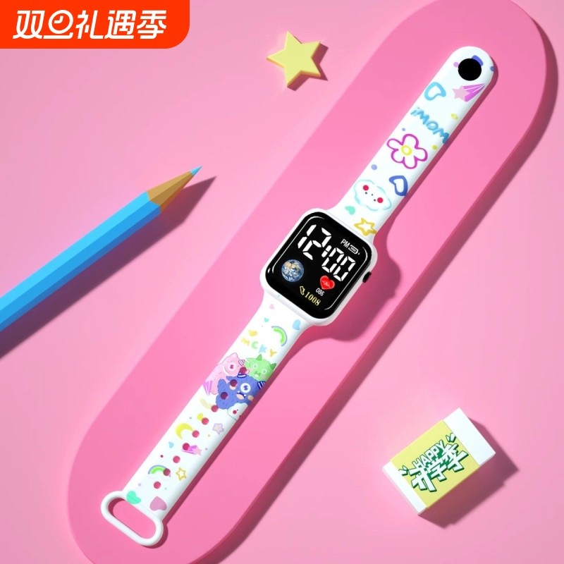 新款儿童地球卡通印花潮流手表男女学生按键LED电子夜光方形防水