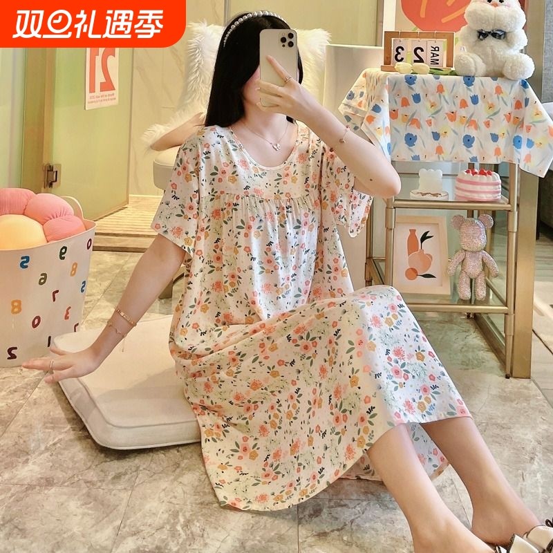 新款薄款棉绸睡衣睡裙夏天2024年春秋季裙子绵绸加大码短袖人造棉