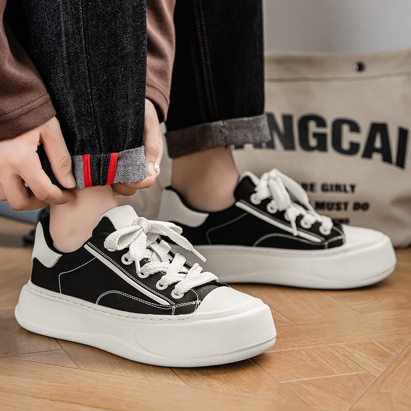秋季厚底透气帆布鞋男款新款男士低帮板鞋黑色软底系带布鞋男