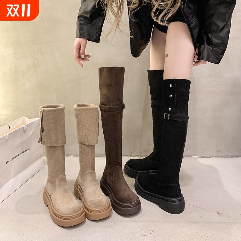 他她女孩两穿翻折厚底长筒靴子女2025年秋冬季新款粗跟过膝骑士靴