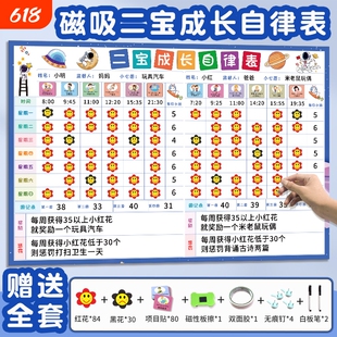 家庭版磁吸二宝儿童成长自律表二孩好习惯养成奖励积分表宝宝成长规划表幼儿园奖罚小红花磁贴自律计划表墙贴