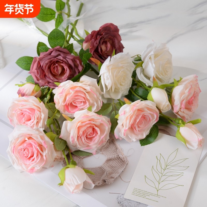法式焦边玫瑰花假花复古客厅餐桌仿真花装饰干花摆件绢花插花摆设,家居饰品,仿真花/假花,淘宝优惠券,粉丝福利购,淘宝优惠卷