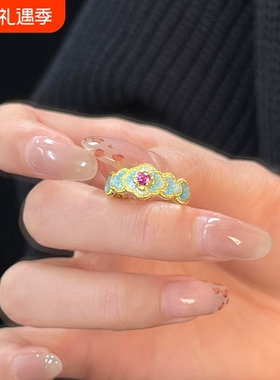复古蓝花殿红钻珐琅戒指女款