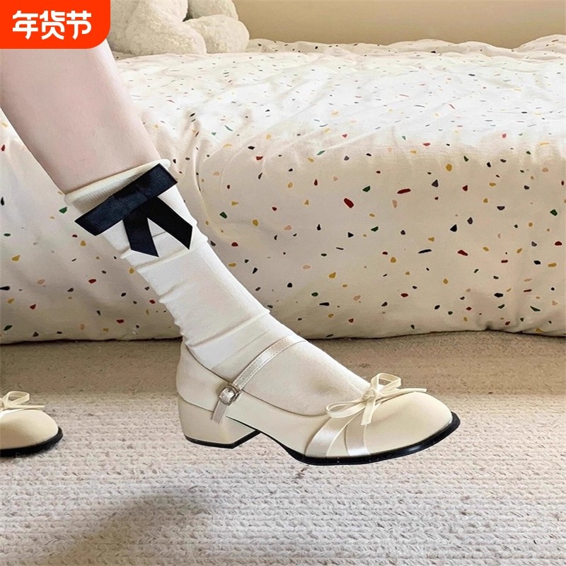 蔻孜金白色玛丽珍鞋女百搭蝴易结法式浅口单鞋蝶学风院小皮鞋,女鞋,玛丽珍鞋,淘宝优惠券,粉丝福利购,淘宝优惠卷