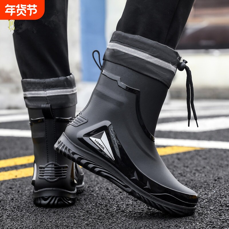 雨鞋男款防滑耐磨男士水鞋冬天加绒防水中筒靴外送骑手专用棉鞋