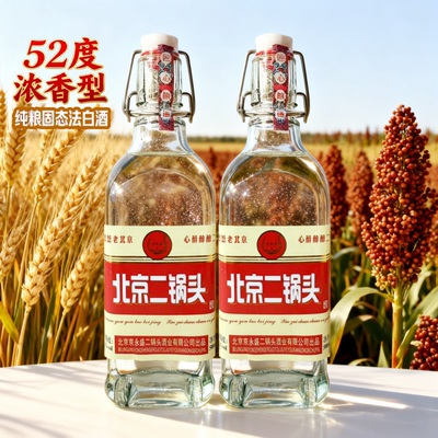 52度北京二锅头酒500ml*2方瓶经典高度白酒京味纯粮酒光瓶口粮酒