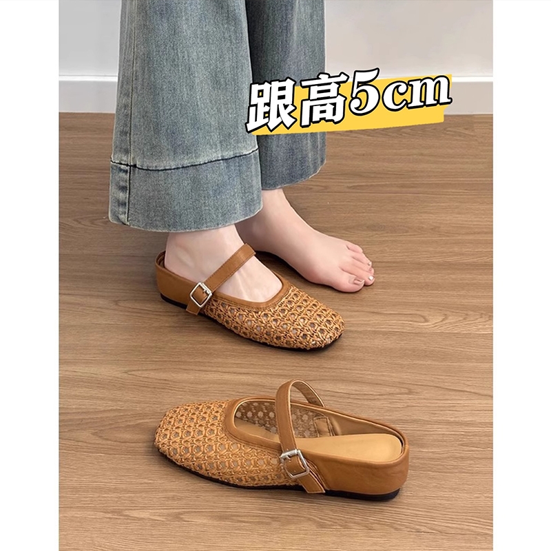 绝美坡跟厚底渔网鞋包头半拖鞋女夏外穿2025新款洞洞鞋穆勒凉拖鞋