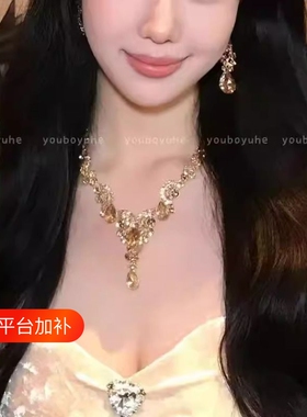 千金琉璃~金色水滴项链女轻奢名媛耳环夸张晚宴礼服配饰花朵镀金