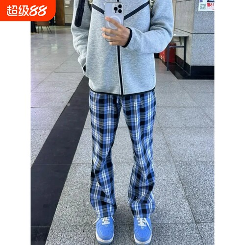 夏季cleanfit蓝色格子裤子男款薄款运动裤美式潮流百搭休闲直筒裤