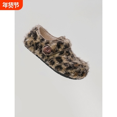多嘴驴Doey勃肯鞋女秋冬季加绒保暖毛毛鞋一脚蹬毛绒豹纹棉鞋平底