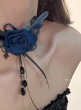 【夜访者】清栀夏至蓝色玫瑰蕾丝项链女复古宫廷choker颈饰