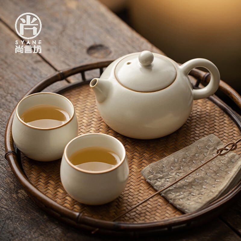 米黄汝窑陶瓷茶壶一人茶具套装图片