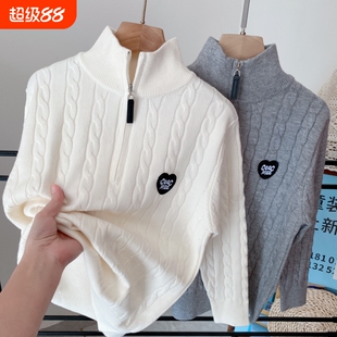 中大童半高领儿童毛衣针织衫男童打底衫白色套头春秋拉链童装新款