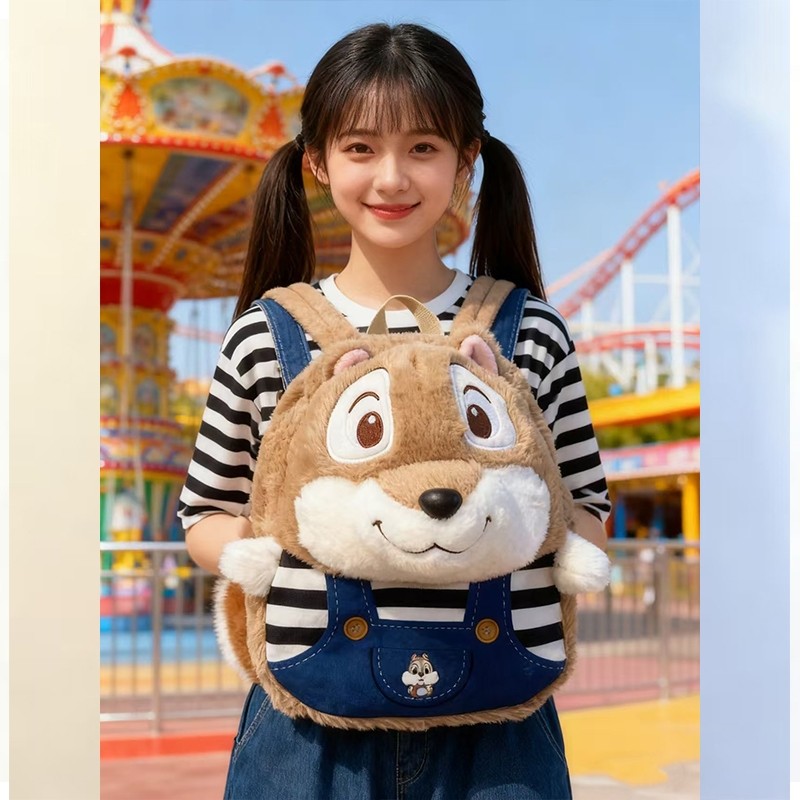 萌系背带裤松鼠毛绒双肩包软fufu元气卡通可爱少女心日常出游背包