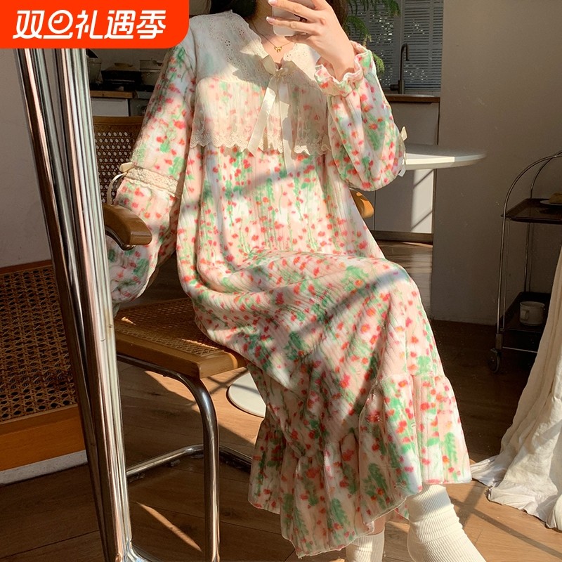 2025新款甜美碎花睡裙女秋冬季珊瑚绒加厚长袖法兰绒家居服可外穿