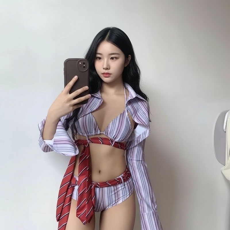 新款麻辣学姐条纹泳衣三件套性感辣妹风2025年新款设计感小众套装