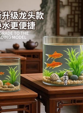 玻璃缸客厅家用桌面小型鱼缸圆形斗鱼金鱼生态缸办公室工位创意缸