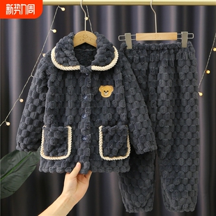 秋冬新款儿童法兰绒睡衣宝宝加厚外穿家居服男童中大童珊瑚绒套装