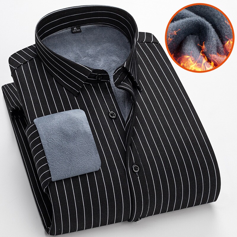 秋冬季保暖衬衫男长袖加绒加厚休闲格子中老年爸爸装带绒内搭衬衣