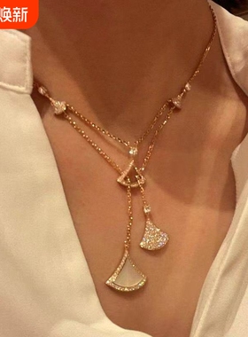 简约个性设计流苏裙子项链女网红晚宴扇形玫瑰金色双层满钻锁骨链