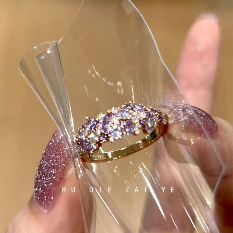 薰衣草~温柔心机紫色满钻戒指2025新款轻奢气质千金高级感开口戒