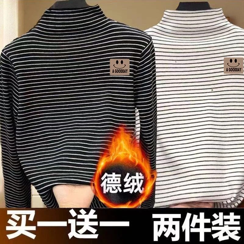 男女童德绒半高领上衣中大童秋冬时尚百搭保暖打底长袖T恤潮条纹
