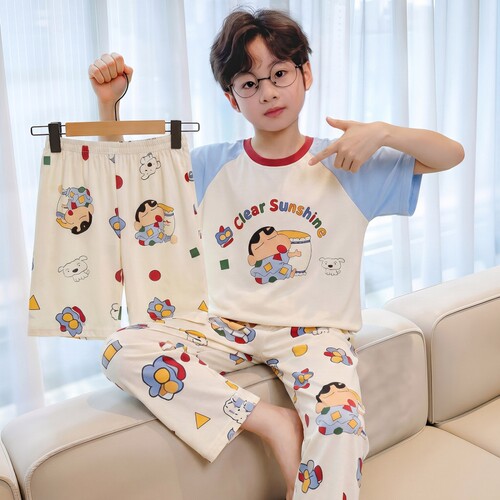 莫代尔男童夏季短袖睡衣三件套装