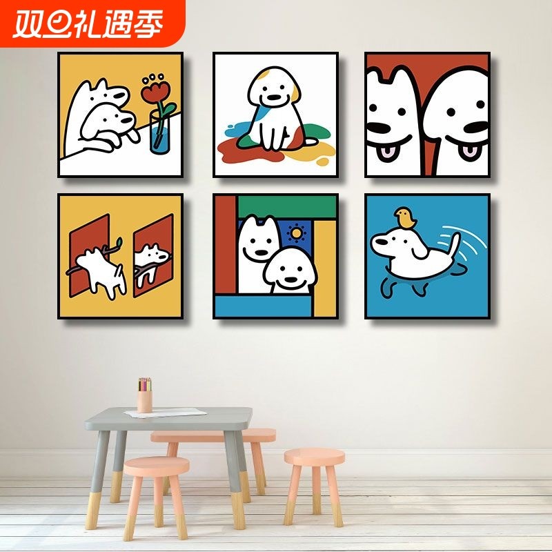 墙面趣味挂画背景墙床头卡通ins狗狗猫咪动漫插画油画无框装饰画