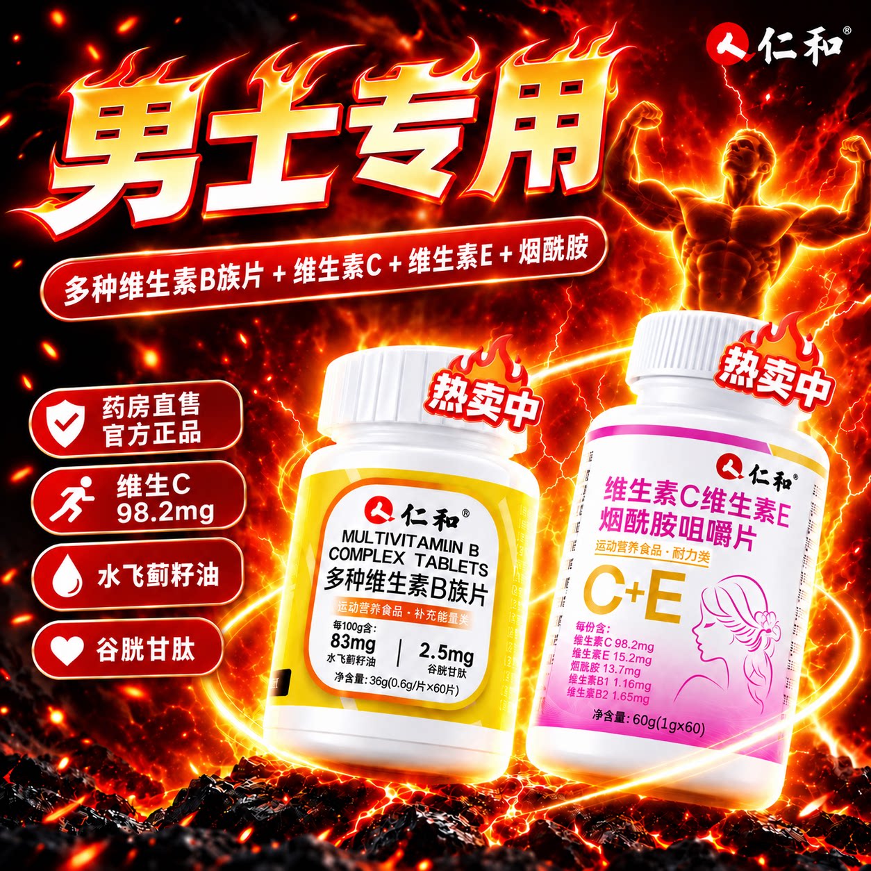 仁和维生素b族复合片男士专用b1b2维bc烟酰胺运动正品官方旗舰店图片