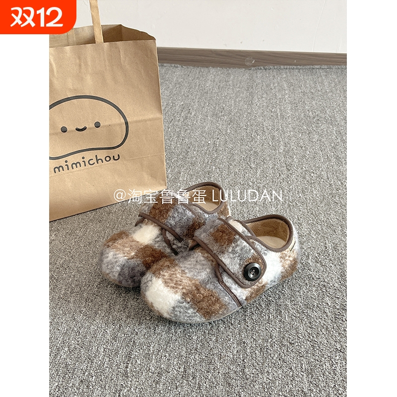 鲁鲁蛋 毛毛鞋冬季新款一脚蹬懒人鞋女加绒保暖二棉鞋大码勃肯鞋