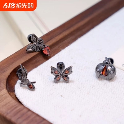 RINGRING商店黑色钛钢耳钉酷帅女耳骨钉耳蜗钉小众红色耳饰高级感