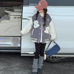 棒球服女童秋冬加绒加厚外套2025新款儿童装中小学生百搭呢子夹克