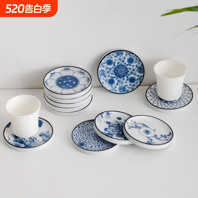 陶瓷青花杯垫家用茶桌垫复古杯垫杯托功夫茶道配件防烫隔热垫