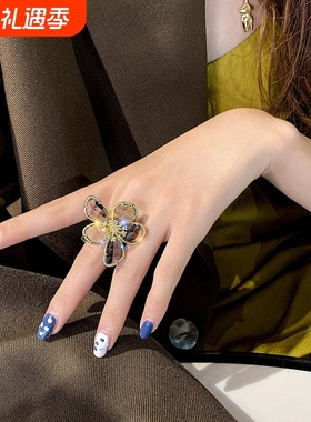 水晶花瓣夸张食指戒指女日系气质网红潮时尚个性开口指环装饰戒子