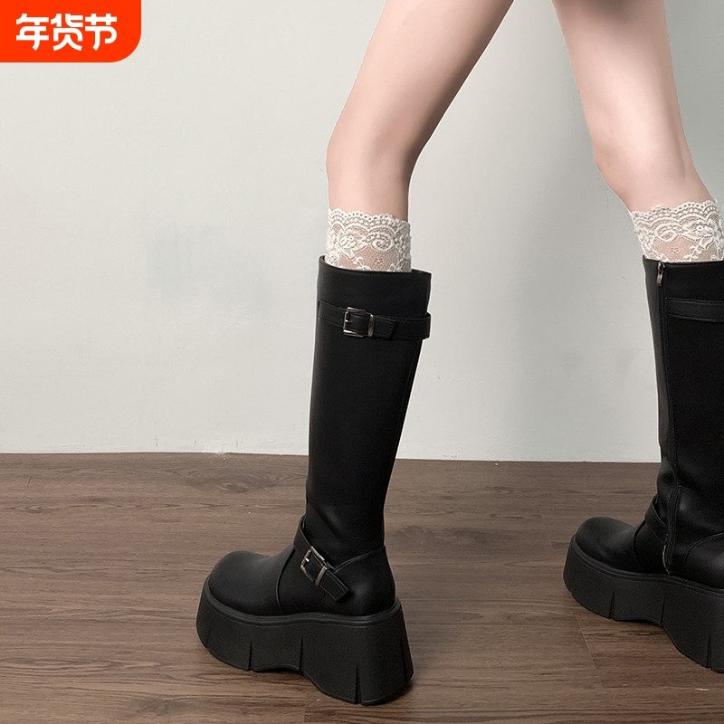 黑色厚底长筒靴女2025新款秋季小个子胖mm显瘦增高骑士靴高跟高