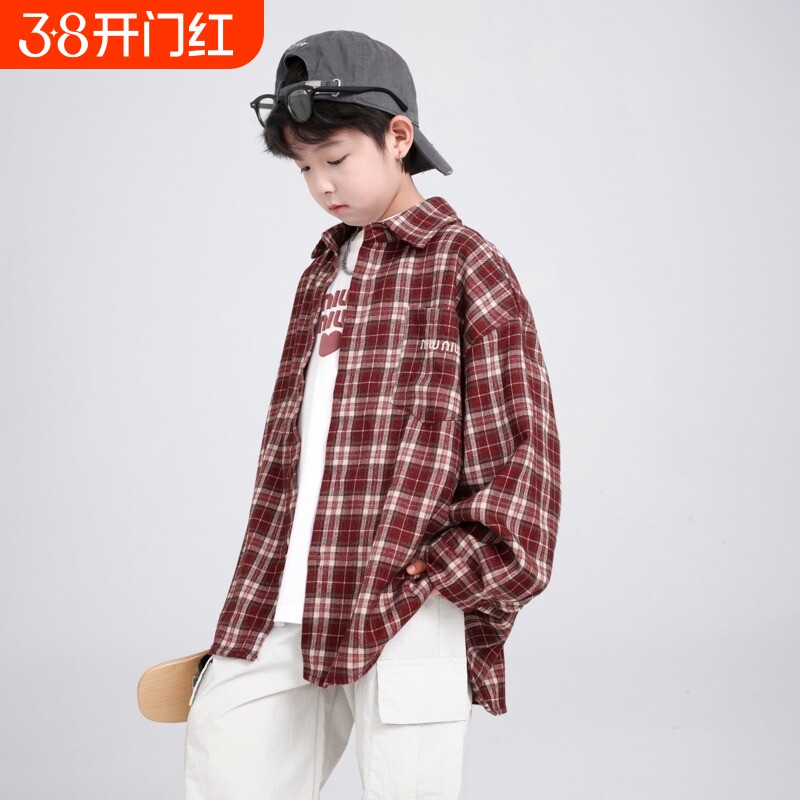 男童红色格子衬衫春秋款2026新款儿童秋装衬衣时尚中大童衣服炸街