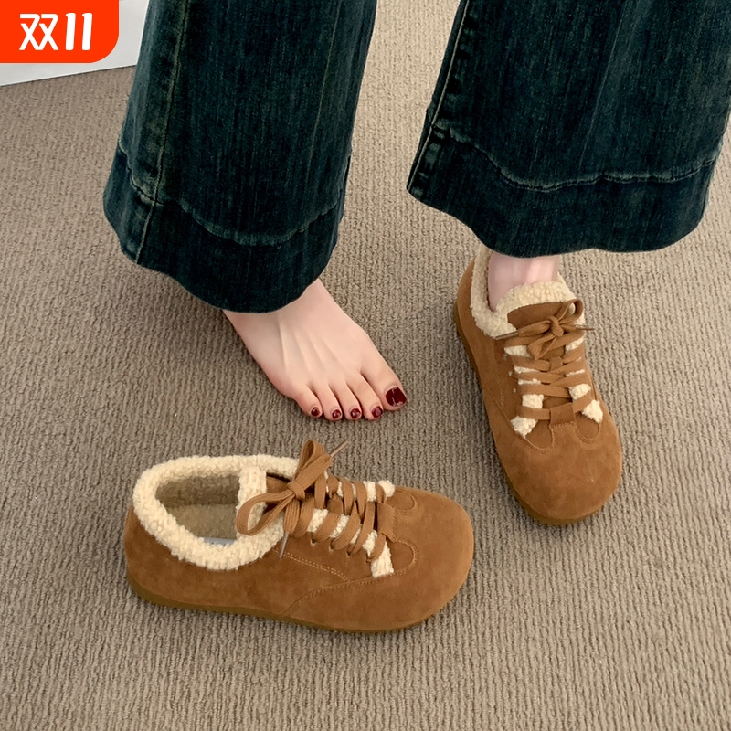 羊羔毛毛棉鞋女鞋子2025新款秋冬加绒德训鞋复古阿甘鞋豆豆鞋