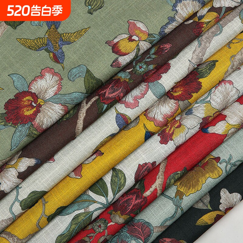 亚麻布印花面料仿棉麻沙发布料中式花鸟抱枕坐垫套桌布花鸟图花布