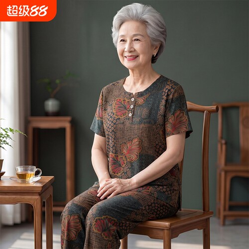 中老年棉绸短袖T恤套装奶奶休闲