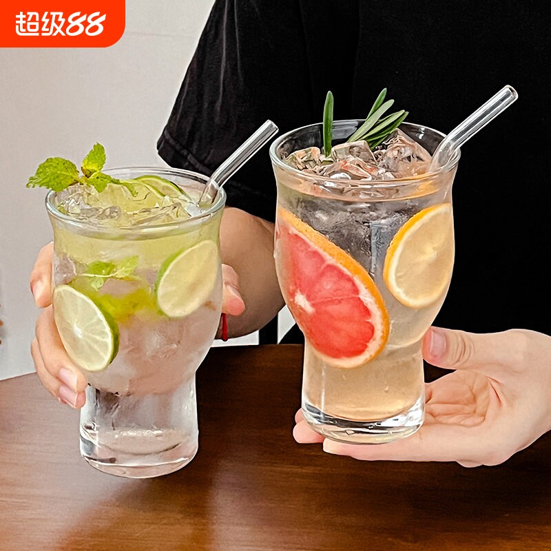 大容量反口郁金香玻璃杯气泡水杯600ml透明果汁杯ins风冰宽口果茶图片