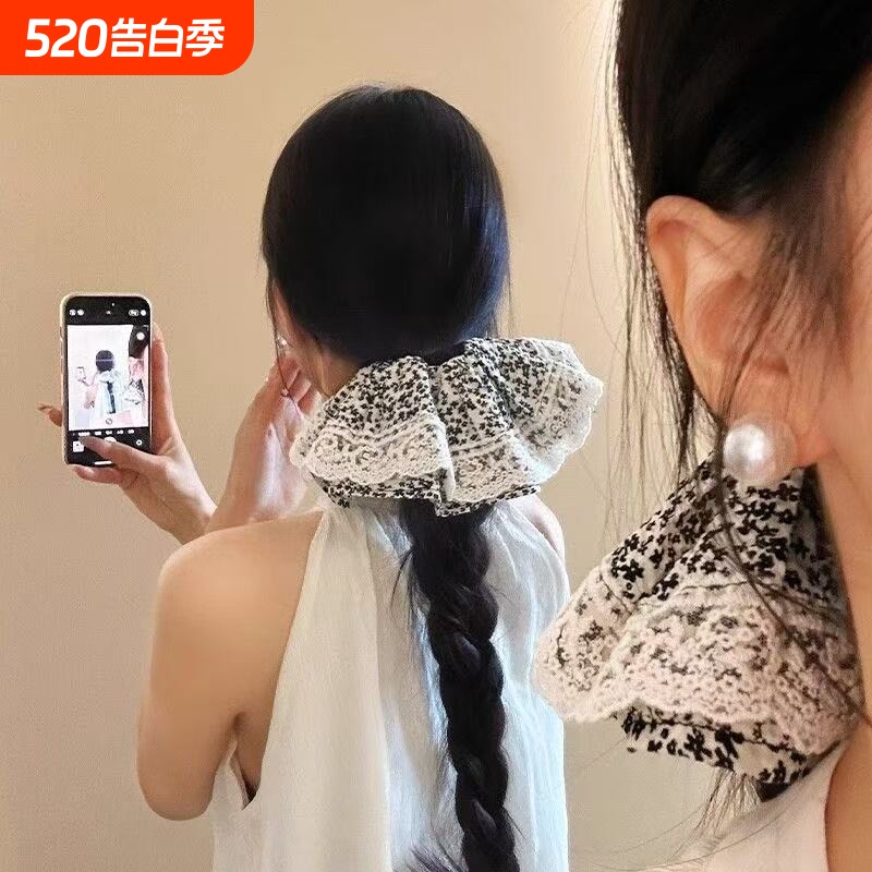 碎花裙摆~法式复古蕾丝黑色大肠发圈女高级感发饰大号发绳新款春
